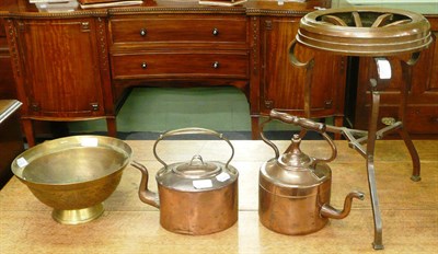 Lot 426 - Two copper kettles, brass footman and Eastern bowl