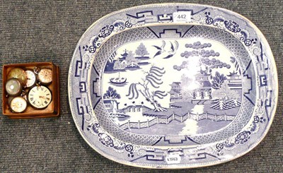 Lot 442 - A quantity of pocket and fob watches and a blue and white meat plate