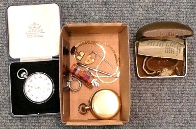 Lot 444 - A gold plated hunter/pocket watch, a nickel plated pocket watch, a lady's wristwatch gilt chain etc