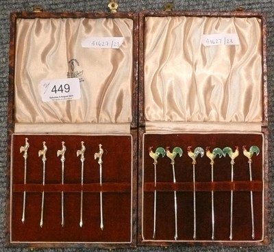 Lot 449 - Cased set of sterling silver and enamel decorated cockerel cocktail sticks and another set (one...