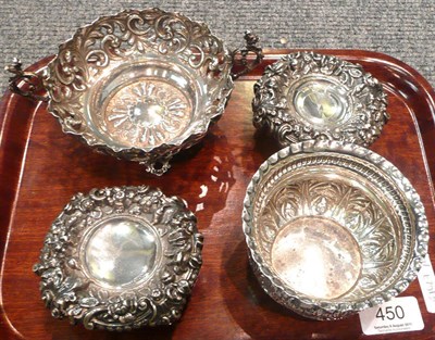 Lot 450 - Small embossed silver dish, silver twin handled pedestal dish, pair of Walker and Hall embossed...