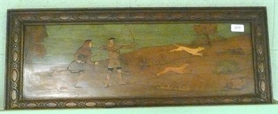 Lot 455 - Marquetry picture of a huntsman with dogs and hare