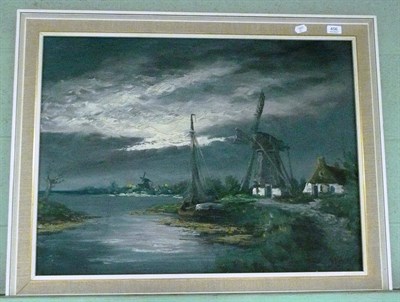 Lot 456 - A modern framed oil of windmills and a boat by a lake, indistinctly signed, and two framed...