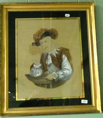 Lot 458 - Gilt framed 19th century woolwork and beadwork portrait of a gentleman