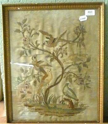 Lot 460 - A gilt framed coloured silk embroidery of birds on a cream silk ground