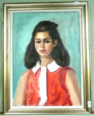 Lot 461 - Framed oil painting by Philip Naviasky, portrait of a girl in a red dress inscribed with the...