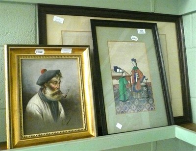 Lot 465 - A Chinese oak framed watercolour, a Chinese rice paper watercolour and a gilt framed oil on...