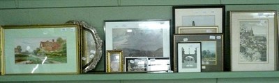 Lot 466 - Plated tray, cello bow and a pair of gilt framed watercolours, country scenes, assorted framed...