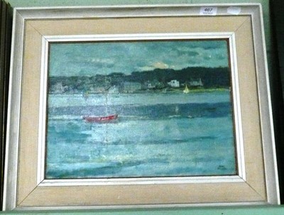 Lot 467 - John Miller framed oil, red boat sailing on a lake