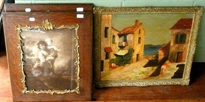 Lot 472 - Pair of oak framed prints and an oil on canvas