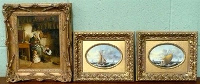 Lot 483 - An oil of an interior scene and two oval marine oils (3)