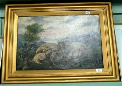 Lot 487 - A gilt framed oil on canvas, sheep nestled on a rocky moor signed A. Reynolds