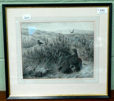 Lot 490 - Pen and ink of a red grouse and chickens on a moor  by Henrik Gronvold