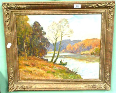 Lot 499 - Owen Bowen, oil, 'Fisherman in an Autumn river landscape'