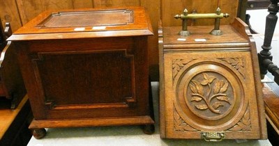 Lot 530 - A panelled oak box with hinged top and an oak and brass mounted coal purdonium