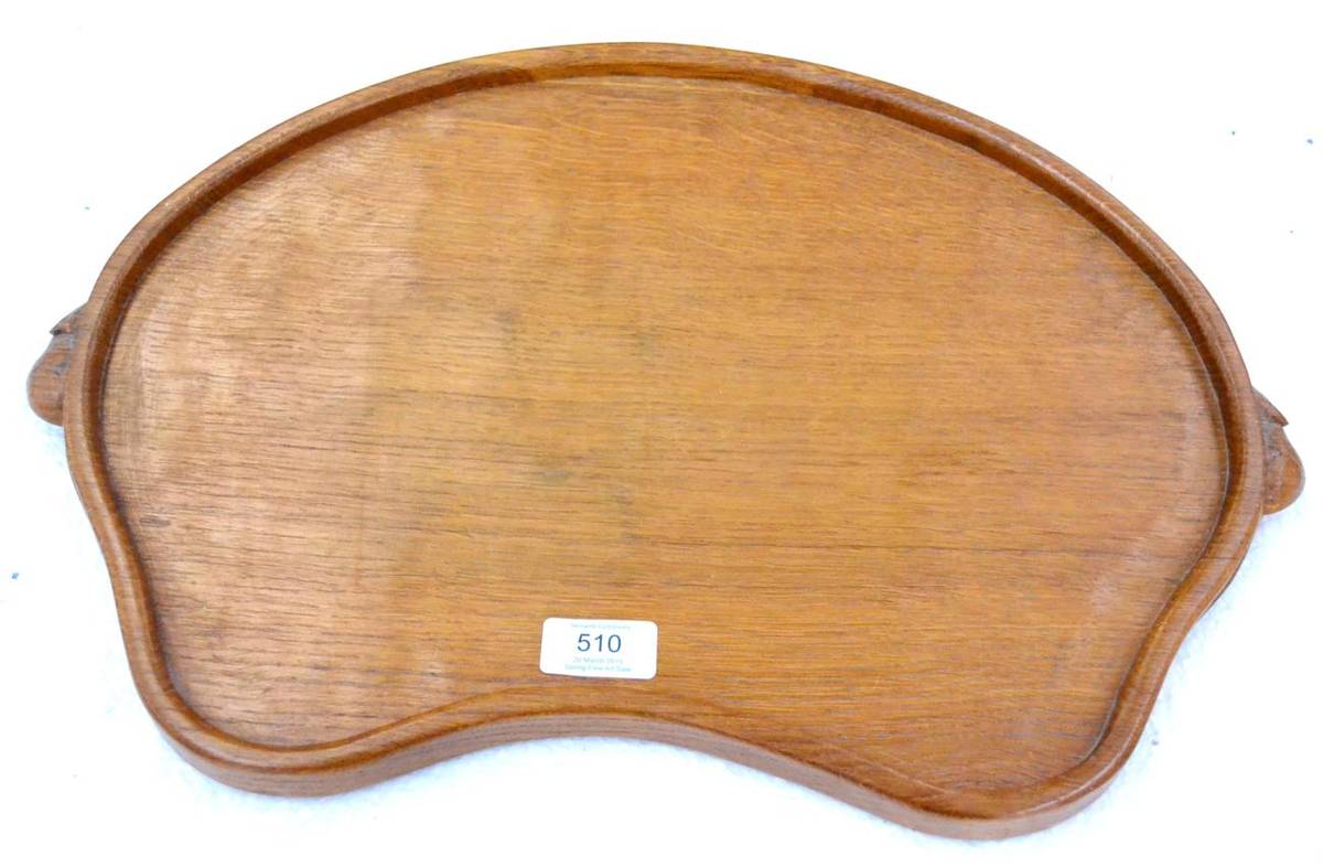 Lot 510 - A Robert  "Mouseman " Thompson Oak Kidney Shaped Tea Tray, with two carved mice handles, 47cm