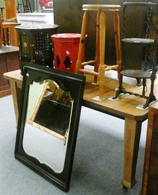 Lot 605 - Oak folding three tier cake stand, two carved occasional tables, a pine stool and a wall mirror