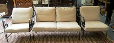 Lot 666 - Three piece wrought iron framed suite with fabric cushions