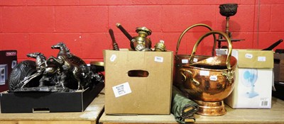 Lot 669 - Copper coal bucket, copper and brass bucket, three boxes including assorted metal wares,...