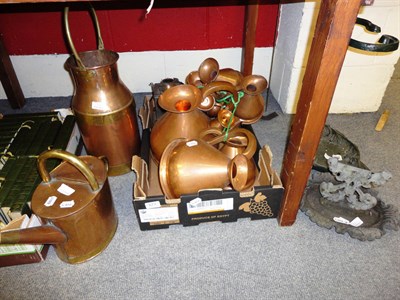 Lot 673 - Modern cast umbrella stand, foot scraper, copper measures, watering can, pail and two miners lamps