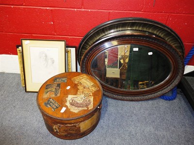 Lot 682 - Two oval framed wall mirrors and three framed prints and hat box