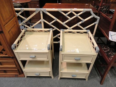 Lot 698 - A pair of painted blue and cream bedside tables with four glass protectors and a matching...