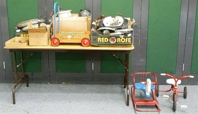 Lot 729 - Classic car parts, Triang baby horse rocker, Triang walker, bottles etc