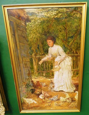 Lot 732 - Oil on canvas 'Woman feeding hens'