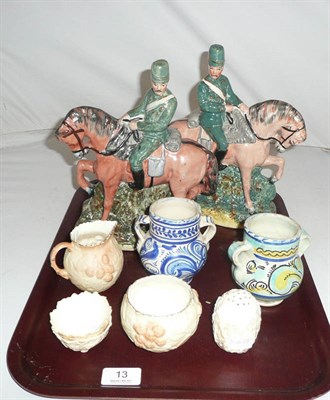 Lot 13 - A pair of modern Staffordshire Crimea figures, a Locke & Co cream jug and sugar, a three piece...