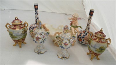 Lot 30 - A pair of Noritake vases, a pair of continental vases, a bisque chariot, a pair of Imari vases