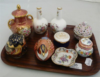 Lot 35 - Two Royal Crown Derby bird paperweights with gold stoppers, two Minton small bottles vases, a snuff