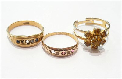 Lot 66 - A 15ct gold ring, an 18ct gold sapphire and diamond ring, and a costume ring (all a.f.)