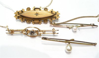 Lot 91 - A 9ct gold diamond set bar brooch, an aquamarine and seed pearl bar brooch, and two cultured...