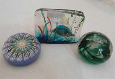 Lot 110 - Three glass paperweights (Perthshire, murano fish block)