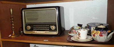 Lot 126 - Two trays of ceramics, Doulton etc and a Bush bakelite cased radio on two shelves