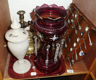 Lot 130 - Brass oil lamp, candlesticks, glass drop lustre, teaspoons, parasols etc