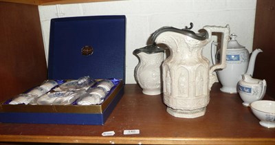 Lot 140 - Copeland pottery jug with pewter mounts, another similar and a boxed Coalport 'Revelry' pattern...