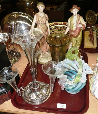 Lot 163 - Plated and glass epergne, two Royal Dux figures (a.f.), coloured glass basket and a vase