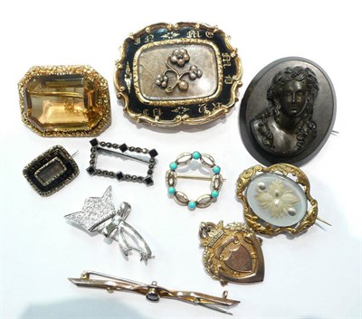 Lot 175 - A quantity of brooches including, two morning brooches, 9ct. gold pendant medal, brooch stamped 750