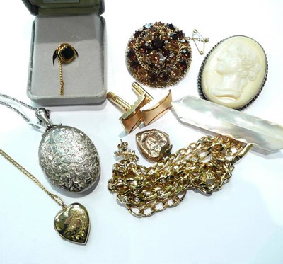 Lot 191 - A pair of earrings, a silver locket, two other lockets, brooches, cufflink's, costume jewellery...