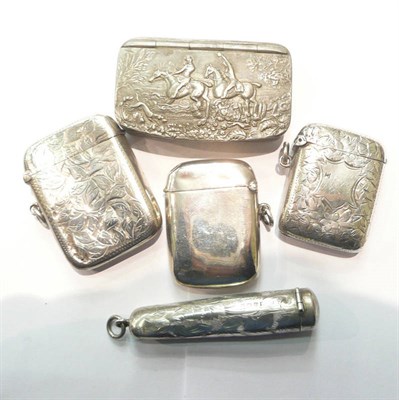 Lot 200 - Three vesta's, a cigar holder case and a pewter snuff box