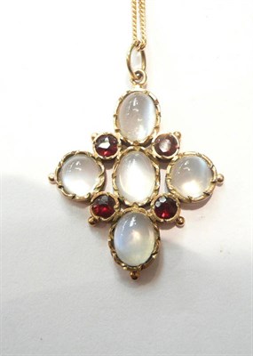 Lot 209 - A moonstone and garnet pendant on chain