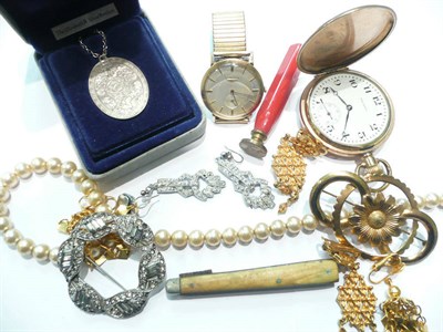 Lot 211 - Waltham pocket watch, Longines wrist watch, costume jewellery etc