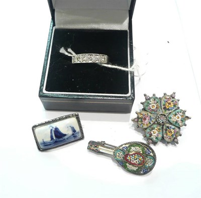 Lot 213 - White 9ct gold six stone diamond ring, two micro mosaic brooches and another (4)