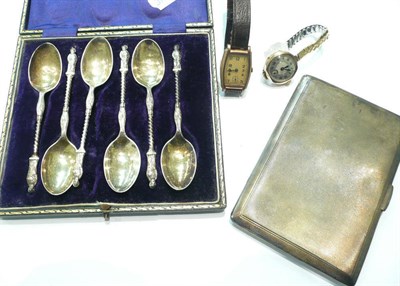 Lot 216 - A silver cigarette case, two gold watches and six silver teaspoons