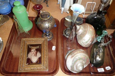 Lot 233 - A cranberry glass decanter with silver mounts, two bijouterie boxes, a plated epergne with vaseline