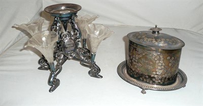 Lot 256 - An electroplated biscuit barrel and a plated four branch centre piece, both inscribed "Thorleys...