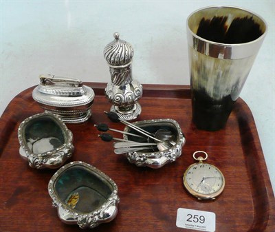 Lot 259 - A set of three silver salts, a silver pepper, yellow metal pocket watch, horn beaker and romson...