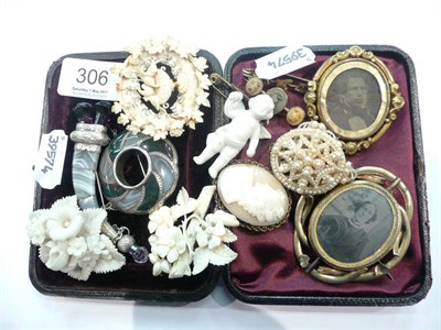 Lot 306 - Two Scottish hardstone brooches, assorted ivory and pearl jewellery etc