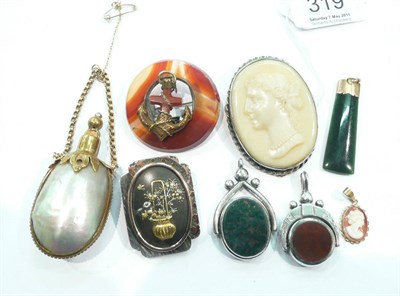 Lot 319 - Quantity of jewellery, hard stone brooches etc includes a swivel seal pendant